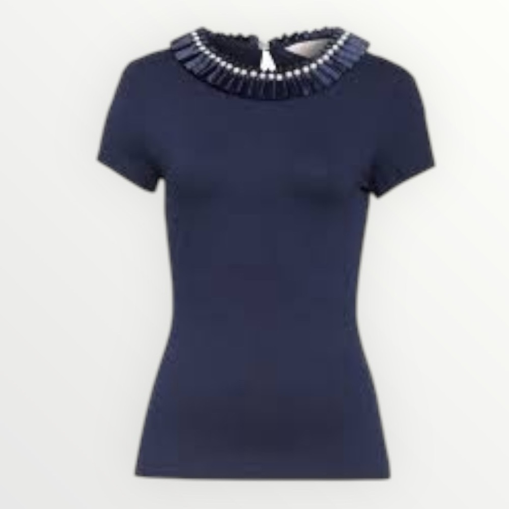 TED BAKER Navy Blue Beaded Short Sleeve Top Shirt Pleated Pearl Party Work 2 6 M